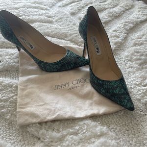 Jimmy Choos in teal and black snakeskin pattern. Worn only a few times. 85cm.